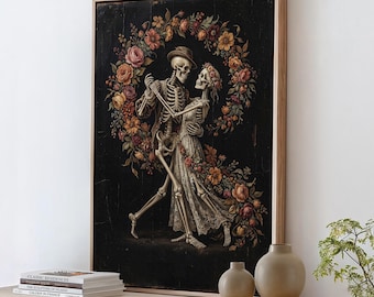 Gothic Skeleton Wall Art Print, Colorful Floral Design, Romantic Couple Decor, Skull Aesthetic Gift Idea, ART332