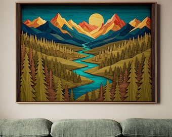 Sunset Mountain Wall Art, Framed Canvas Print, Abstract Landscape Illustration, Western Boho Home Decor, ART308