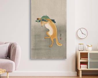 Ohara Koson - Dancing Fox with Lotus leaf Hat. Japanese poster art, Japanese fox poster print, Famous art, Ready to hang, Canvas art
