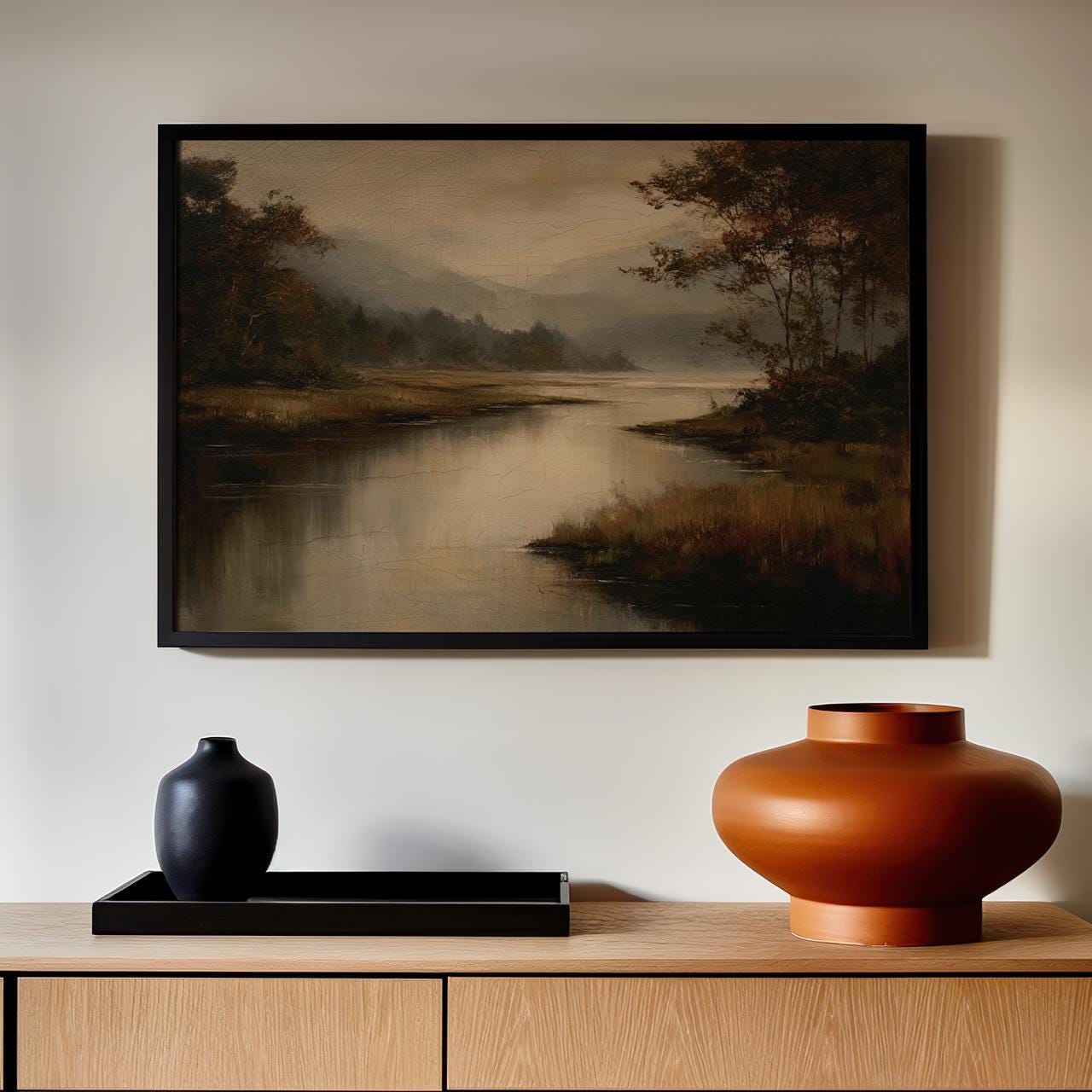 Moody Fall Lake Landscape Print, Vintage Autumn Oil Painting Wall Art ...