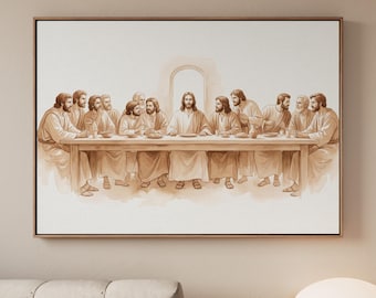 Framed Last Supper Canvas Wall Art, Jesus Christian Poster, Minimalist Vintage Farmhouse Decor, ART155