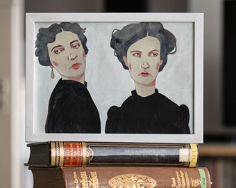 Original Painting "Ella & Pierrette". Victorian Ladies. Acrylic Painting. Portrait Art. Gift for her. Office Decor.