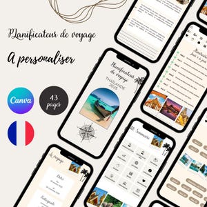 May include: A printable travel planner with a tropical theme. The cover features a longtail boat in turquoise water with palm trees and a compass. The planner includes sections for dates, participants, itinerary, and a summary. The text on the cover reads "Planificateur de voyage THAÏLANDE 2025".