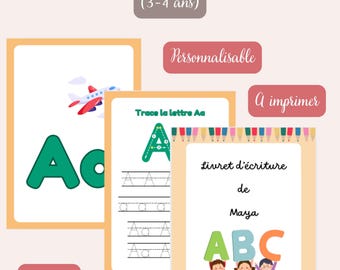 Könnte beinhalten: Ein Kinder-Schreibheft mit dem Titel "Livret d'écriture" und dem Text "(3-4 ans)". Das Heft enthält Seiten mit dem Alphabet, eine Flugzeugzeichnung und die Texte "Personnalisable", "A imprimer" und "53 pages".