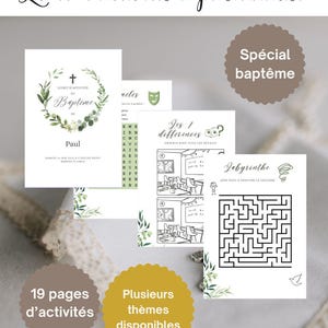Può includere: Una raccolta di pagine di attività per un battesimo, con una copertina con una croce e verde, un cruciverba, un gioco delle differenze e un labirinto. Il testo include "Livret d'activités à personnaliser" e "Spécial baptême".
