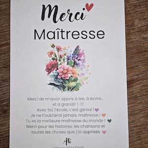 Carte de remerciement personnalisé maîtresse, maître ou ATSEM – Aquarelle – Papier haute qualité – Fin d’année scolaire, fleurs, bouquet