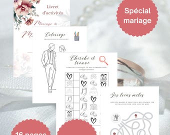 Könnte beinhalten: Eine Sammlung von Hochzeits-Aktivitätsheften mit dem Text "Livret d'activités à personnaliser" und "Spécial mariage". Die Hefte enthalten Malvorlagen, Suchspiele und Labyrinthe. Das Design zeigt florale Akzente und einen Ring.