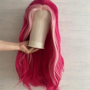 Front Light Pink , Back Deep Pink Color Long Straight Lace Front  Synthetic Wig Good Quality Cosplay wig , Drag Queen Wig ,Party Wig