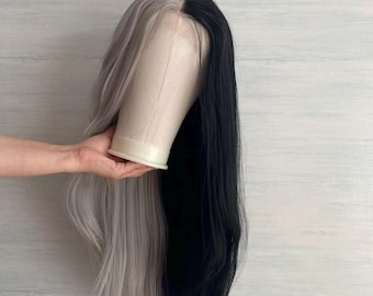 Peluca sintética de cosplay con frontal de encaje, mitad gris y mitad negra, peluca para drag queen
