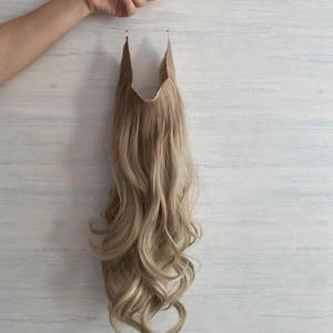 合成インビジブルワイヤーハローヘアエクステンション、女性用ロングウェーブヘアピース