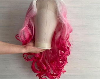 Tone White and Pink Red Color Curly Lace front Cosplay wig , Drag Queen Wig