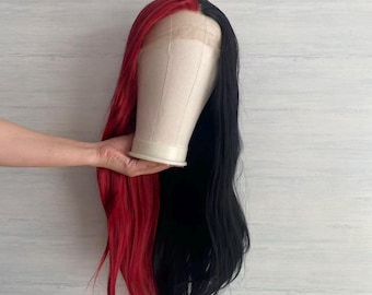 Peluca sintética de cosplay con frontal de encaje, mitad roja y mitad negra, peluca para drag queen
