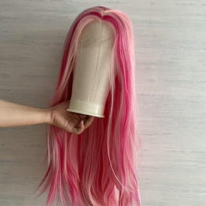 Highlight Pink and Deep Pink Color Lace Front  Synthetic Wig Good Quality Cosplay wig , Drag Queen Wig ,Party Wig