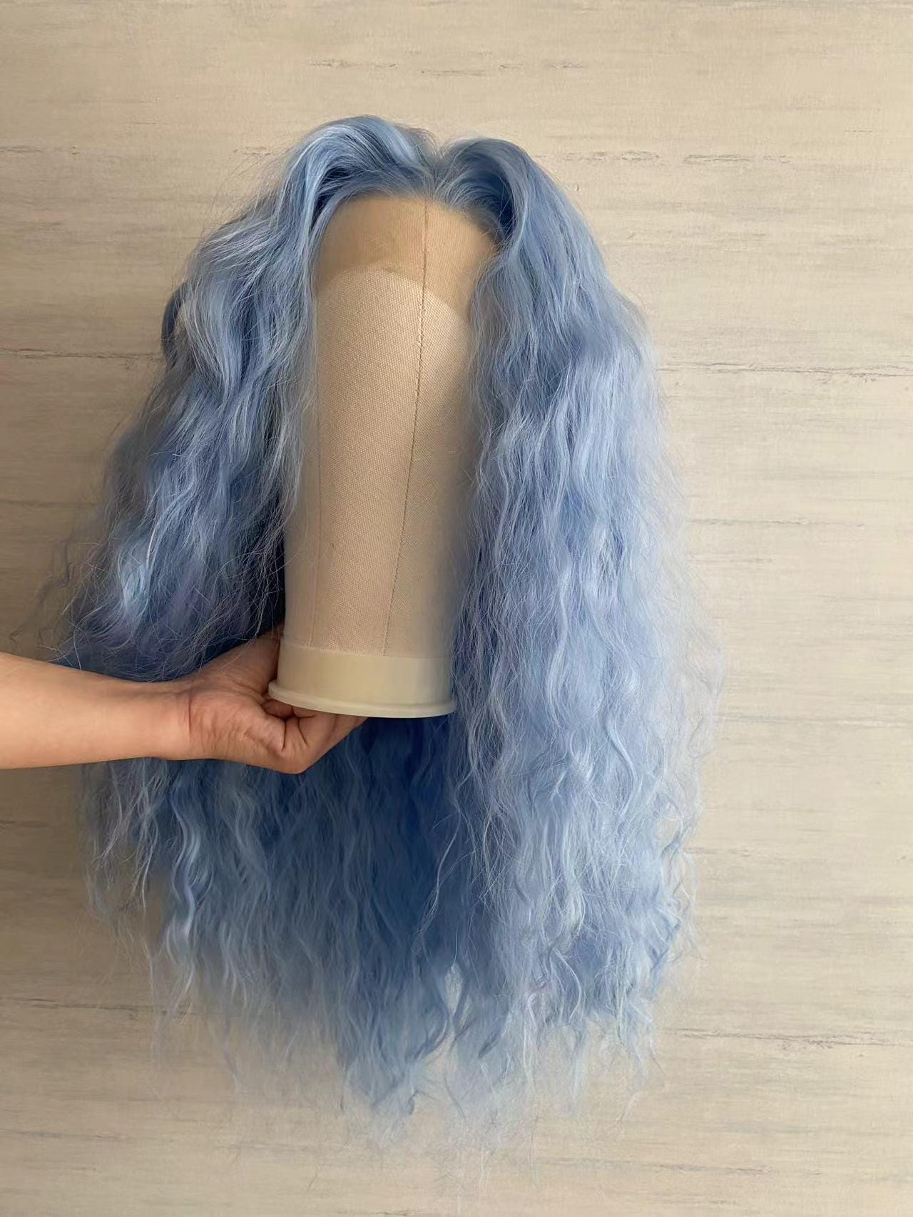 Human hair blend pastel blue white wig Ombre Blue Colored Lace Front Wigs For Women Cosplay Silver  main image 4