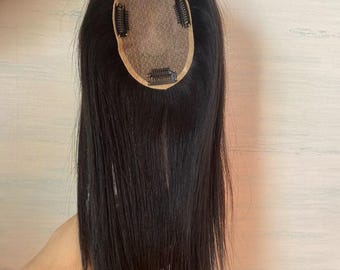Virgin Silk Base Human Hair Topper, Black/Brown, 9x11cm