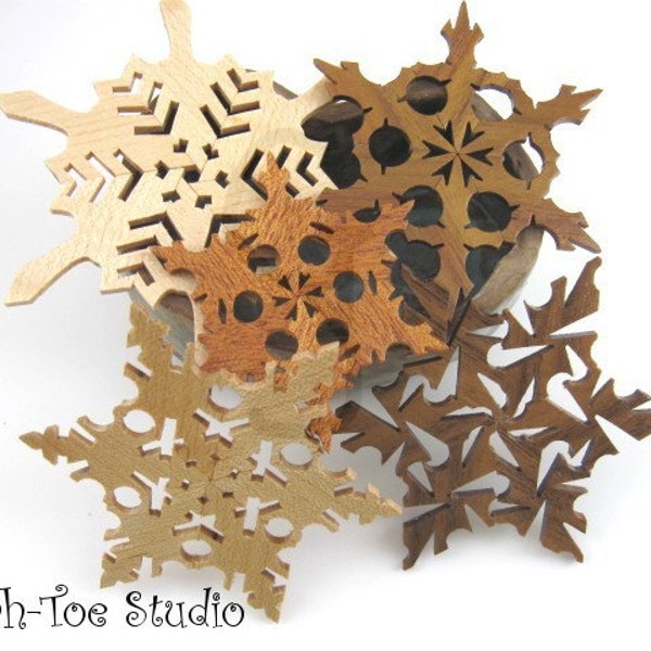 Stars Wooden Snowflakes Decorations Box of 5 handmade