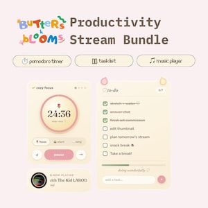 May include: A digital productivity stream bundle titled Butters Blooms featuring a pomodoro timer, task list, and music player. The interface uses a cream color palette with pink accents, displaying a 24:36 timer, a to-do list with checkboxes, and a music player widget.