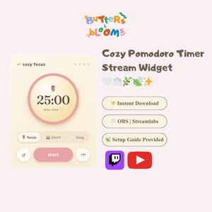 May include: A digital Pomodoro timer stream widget titled Cozy Pomodoro Timer Stream Widget by Butters & Blooms. The interface features a cream-coloured background, a pink circular timer set to 25:00 with a tulip icon, and buttons labelled focus, short, long, and start.