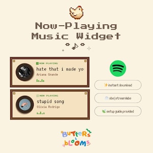 May include: A pixel art digital music widget display featuring a chicken icon, the text Now-Playing Music Widget, and two rectangular frames showing song titles and artist names. Includes a green Spotify logo and three buttons labelled instant download, obs|streamlabs, and setup guide provided.