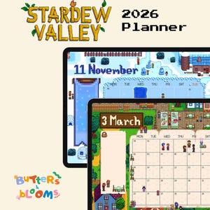 Może przedstawiać: Cyfrowy planer Stardew Valley na rok 2026 wyświetlony na dwóch ekranach tabletów. Górny ekran pokazuje zaśnieżoną stronę kalendarza na listopad, a dolny ekran przedstawia stronę na marzec z pikselowymi postaciami i ustawieniem stołu.