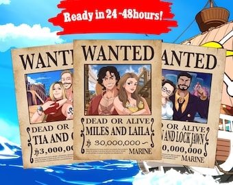 Affiche personnalisée de prime de pirate, illustration personnalisée style One Piece, commande photo anime, avis de recherche numérique, cadeau d'anniversaire pour petit ami