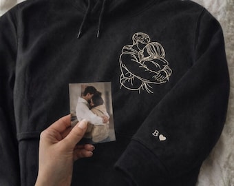 Sudadera con foto de retrato bordada personalizada, sudadera con foto de contorno, regalo de dibujo familiar de una línea, sudadera con capucha de pareja, regalo de cumpleaños