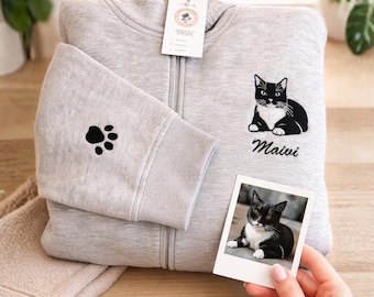 Sudadera con capucha de gato bordada a partir de una foto, cara de gato bordada individualmente con nombre, suéter para mascota, sudadera con capucha con foto personalizada, Día de San Valentín