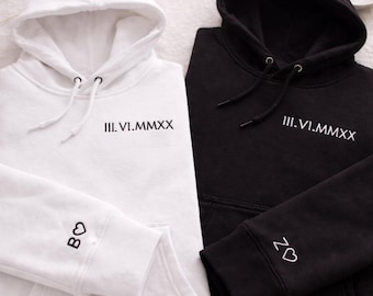 Sudadera con capucha personalizada con números romanos bordados | Sudadera con fecha personalizada | Sudadera minimalista para pareja | Regalo de aniversario | Regalo de San Valentín