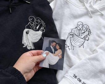 Sudadera con capucha bordada con retrato personalizado - Bordado de arte lineal con foto personalizada - Regalo de aniversario para pareja - Regalo personalizado para el Día de San Valentín