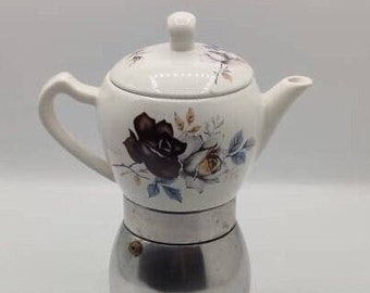 Sweet Vintage Midcentury Ceramic 1960s 6 cup  Kitty Express Italian Stovetop Moka COFFEE ESPRESSO maker with Romantic floral decorations.
