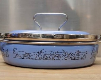 Siltal (Italia) Esmalte Salteado Cacerola Redonda / Jeroglíficos Egipcios / Diseñado por Carla Agnelli Vincapervinca Azul