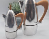 Contemporary ITALIAN Vintage Carlo Giannini EcO CHICCA Designer 3 6 cup Stovetop Coffee Espresso Moka Aluminum Faux Wood Handle Made Italy.