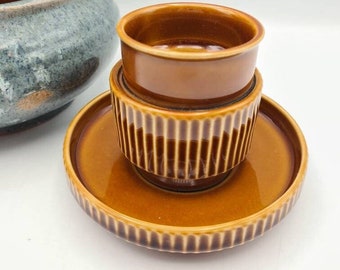 Vintage ITALIAN MCM TOGNANA Espresso cup /saucer set, Stackable demitasse coffee cups 1960s, vintage caramel brown glazed stoneware