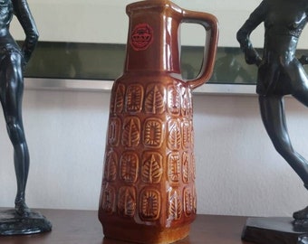 vintage FAT LAVA Bay Keramik 250-25 W German Mid-Century Amber Brown Glazed Molded Pottery Vase