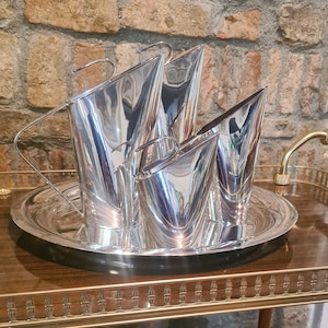 RARE Guido Niest silver plated coffee, teapot, creamer, pitcher and tray 1980, stamped manufacturer&#39;s mark on underside.