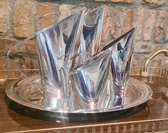 RARE Guido Niest silver plated coffee, teapot, creamer, pitcher and tray 1980, stamped manufacturer's mark on underside.