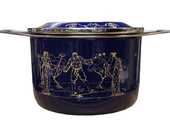 Siltal (Italia) Esmalte Large Stockpot Round Saucepan / Acróbatas Kabuki Japoneses / Diseñado por Carla Agnelli - Figuras Azul Oscuro con Amarillo