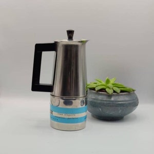 Vintage Midcentury 1970's TRACANZAN ALFA  6 cup Stylish Elegant Italian Stovetop Moka Coffee maker Espresso Stainless Steel 18/10 bakelite