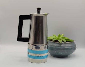 Vintage Midcentury 1970's TRACANZAN ALFA  6 cup Stylish Elegant Italian Stovetop Moka Coffee maker Espresso Stainless Steel 18/10 bakelite