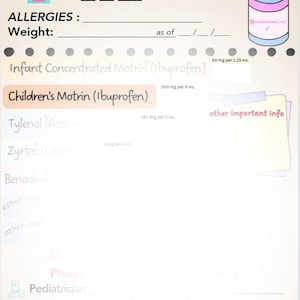 May include: A white medication guide with pink and blue accents. The guide includes sections for name, date of birth, allergies, weight, and a list of common medications. It also includes contact information for poison control and a pediatrician.