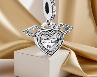 Sterling Silver Heart & Angel Wings Dangle Charm with Cubic Zirconia
