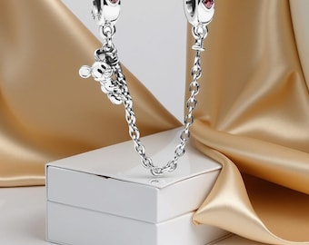 Sterling Silver Climbing Mickey Safety Chain, Charm Bracelet Secure