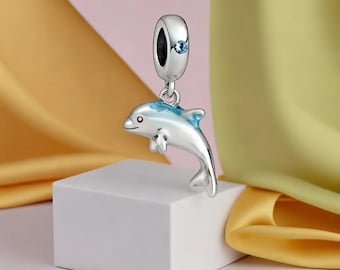 Colgante de delfín de esmalte azul, joyería marina de plata de ley pulida