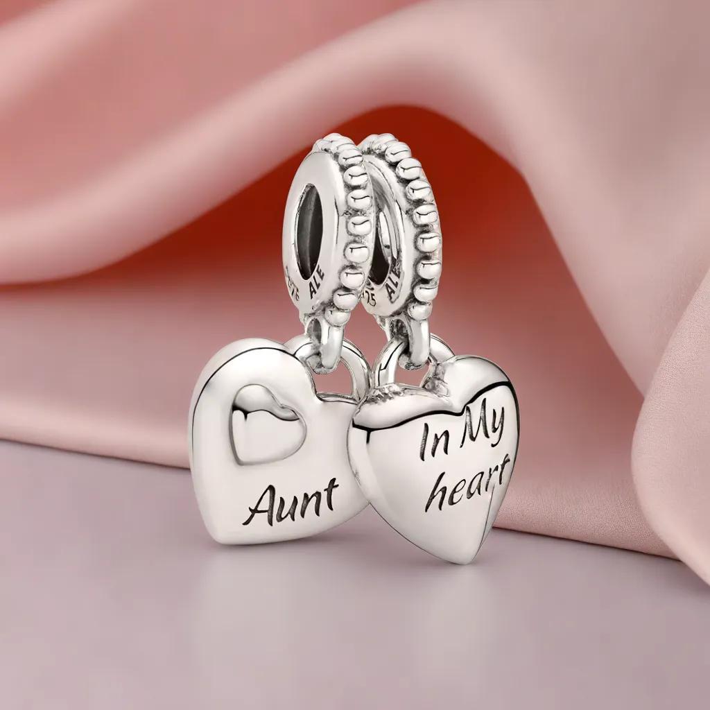 Aunt & Niece Split Heart Dangle Charm Handmade Sterling Silver Jewellery Featuring Embossed Hearts Engraved with "Forever," "Aunt," "Niece"