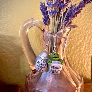 May include: A pair of whimsical earrings. One earring is a small, silver-colored bottle with the words "DEADLY NIGHT SHADE" and the other is a green frog in a pot that says "FROG'S BREATH". The earrings are hanging in front of a pink vase with purple flowers.