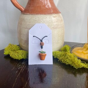 May include: A small, terracotta-colored pot pendant necklace with a black cord. The pendant features a miniature plant with green leaves. A wooden bead and a dark bead are above the pot. The necklace is displayed on a white card.