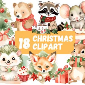 Ensemble de cliparts mignon bébé animaux des bois animaux de la forêt PNG Illustration à l'aquarelle Bébé animal ambiance de Noël confortable couleurs beige vert