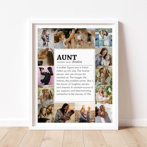 May include: A collage of photos featuring an aunt and her nieces and nephews. The collage is framed and includes the definition of "aunt" with the name Jessica.