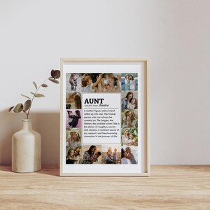 May include: A framed print with a collage of photos of a woman and her family. The print has a black and white design with the word "AUNT" and the name "Jessica" in bold text. The text below the title defines the word "aunt" as a mother figure and a friend.