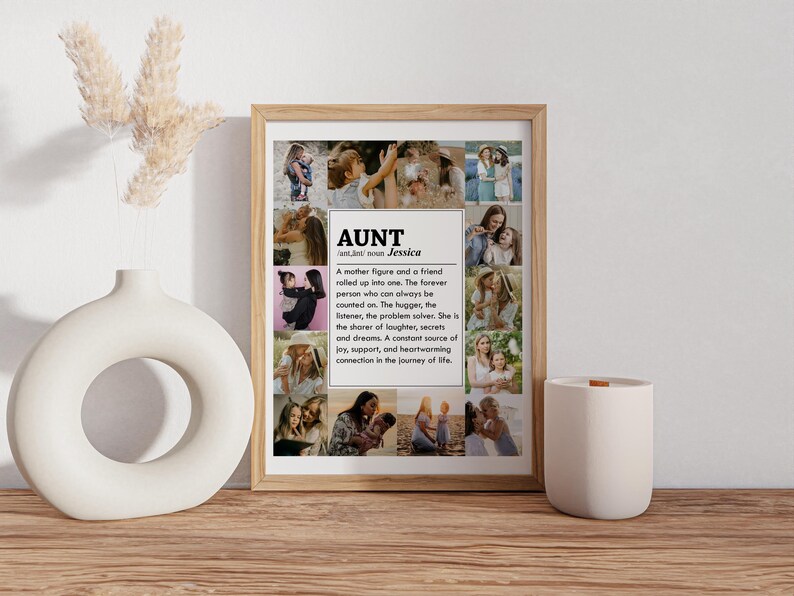 May include: A framed print with a collage of photos of an aunt and her family. The print features a definition of the word "aunt" with the name "Jessica".